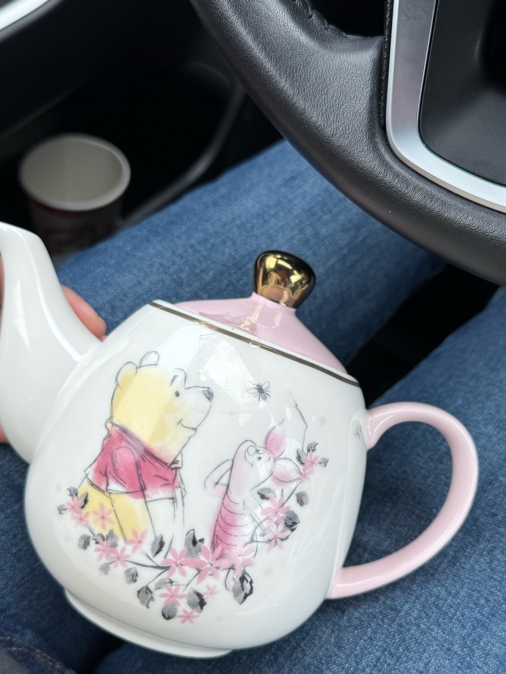 Disney Winnie The Pooh & Piglet Pink White Cherry Blossoms Ceramic TeaPot